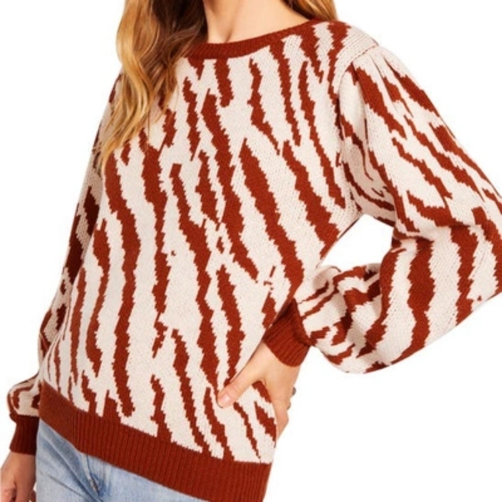 BB Dakota By Steve Madden Riga Zebra‎ Jacquard Sweater In Caramel NWT Size XL